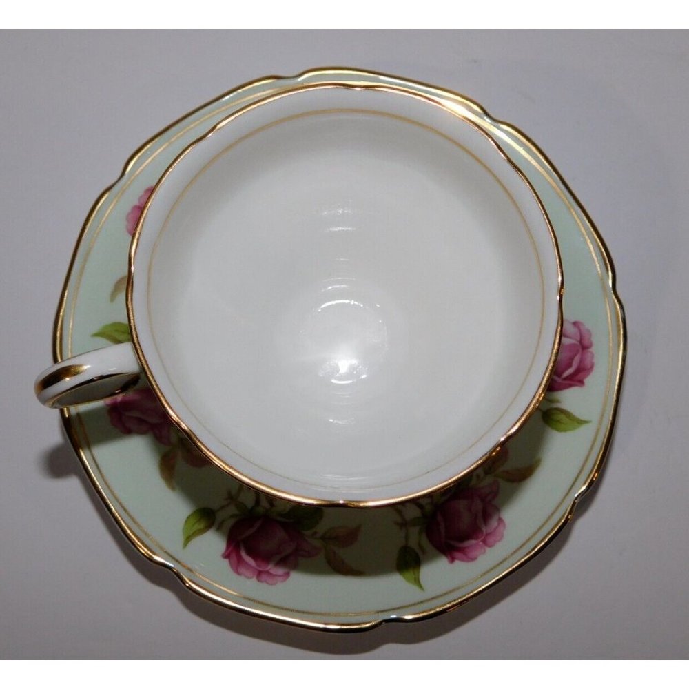 VTG Paragon TeaCup & Saucer Pastel Mint Green Cabbage Rose Gold Trim Pedestal - Picture 7 of 11